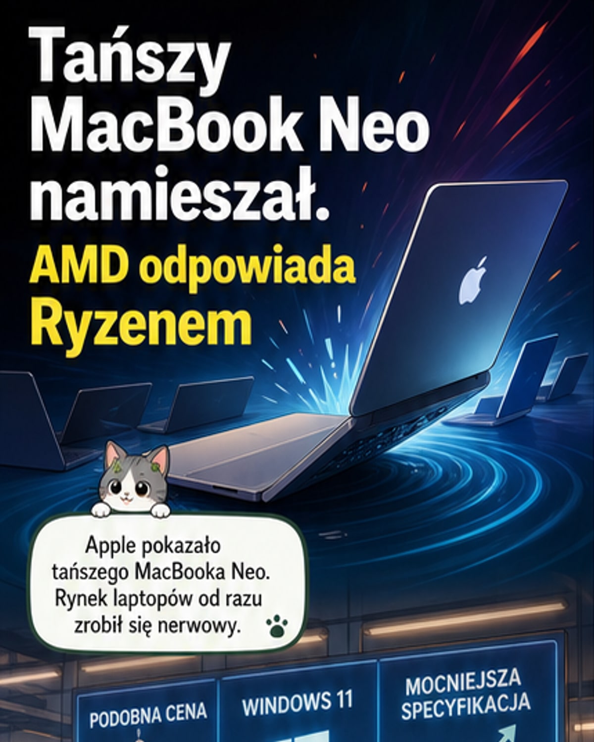 Ilustracja przedstawiająca kontrast między cienkim laptopem MacBook Neo a bardziej funkcjonalnym HP OmniBook X Flip z podświetleniem przewag AMD w grach, portach i wydajności.