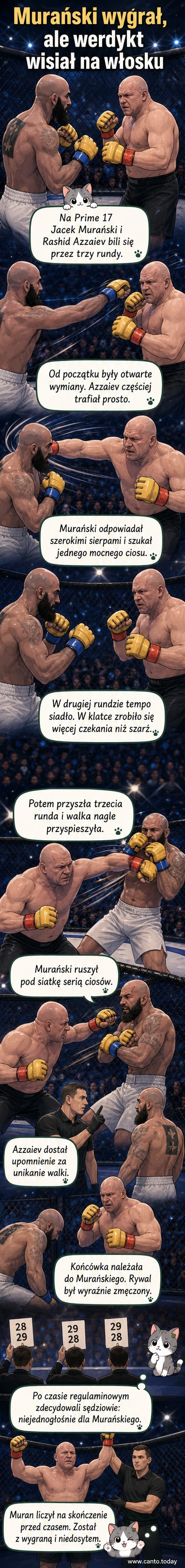 Jacek Murański świętujący zwycięstwo po walce z Rashidem Azzaievem na Prime 17, sędziowie podnoszą jego rękę.