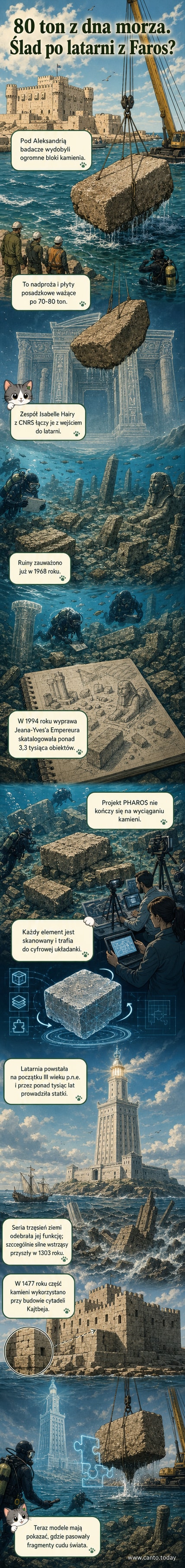 Ilustracja przedstawia archeologów pracujących pod wodą przy wydobywaniu ogromnych kamieni, a w tle wirtualny obraz latarni morskiej w Aleksandrii odbijający się w powierzchni morza.