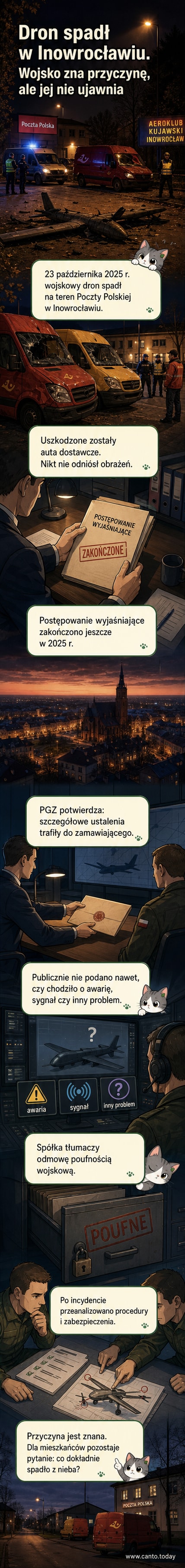 Ilustracja przedstawia uszkodzony wojskowy dron leżący na terenie poczty, w tle samochody z uszkodzeniami i zdezorientowanych pracowników.
