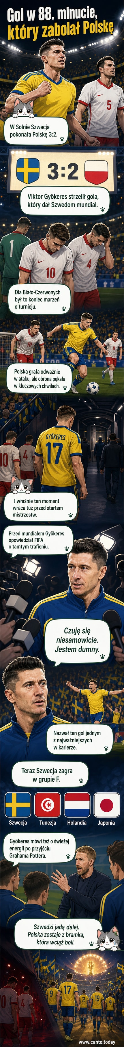 Viktor Gyökeres świętujący gol przeciwko Polsce podczas meczu baraży o MŚ 2026, stadion w Solnie pod Sztokholmem, tłumy kibiców w tle.