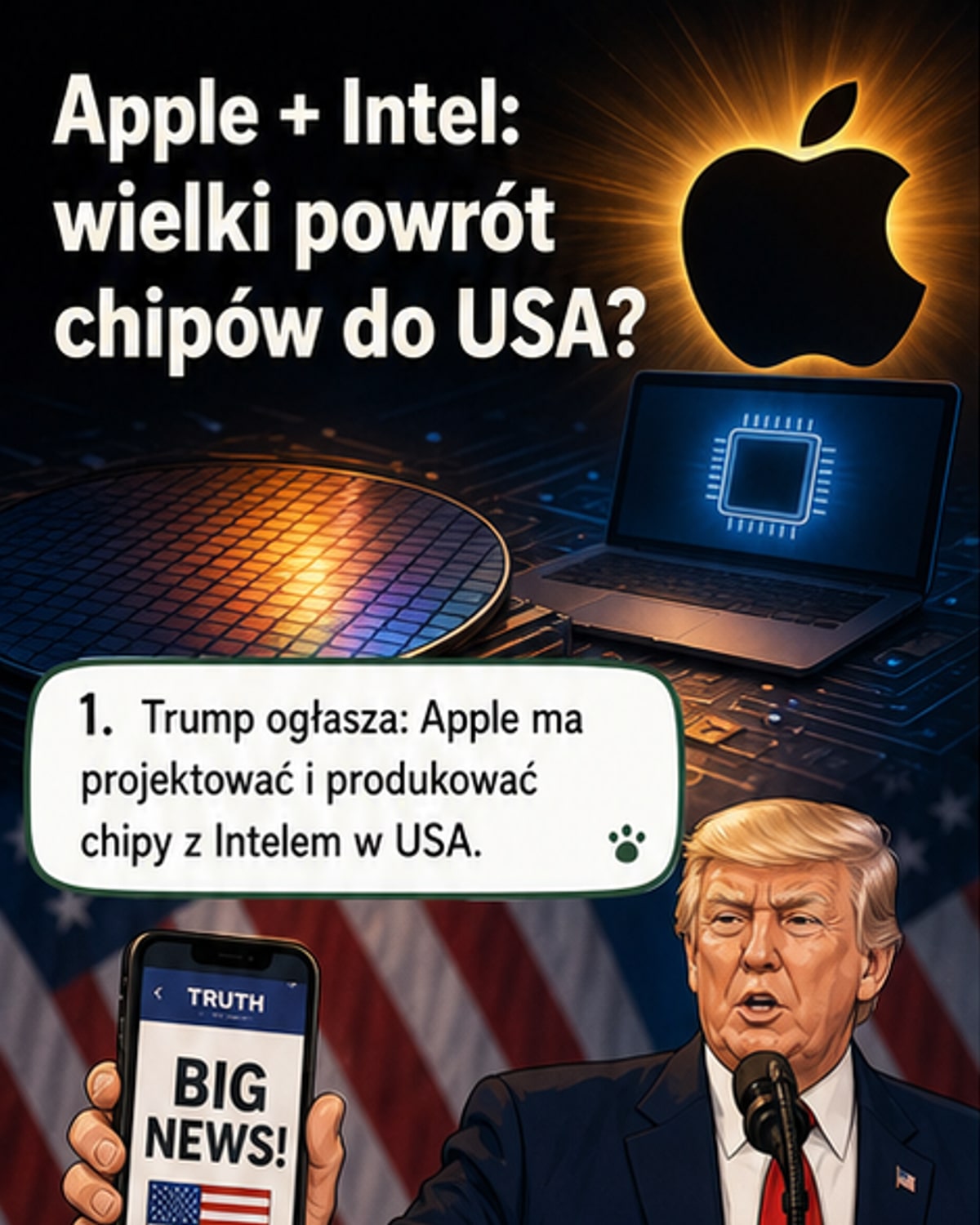 Ilustracja przedstawiająca loga Apple i Intel połączone razem, z tłem amerykańskiej flagi i schematycznym obrazem chipa – symbol wspólnego projektu w USA.