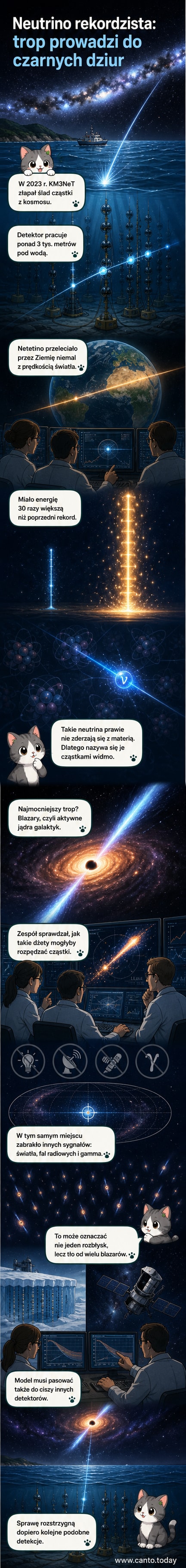 Ilustracja przedstawia głęboko pod powierzchnią Morza Śródziemnego detektor KM3NeT, z którego wypływa sygnał po wykryciu wysokoenergetycznego neutrino; w tle widoczne są galaktyczne blazary emitujące dżety cząstek.