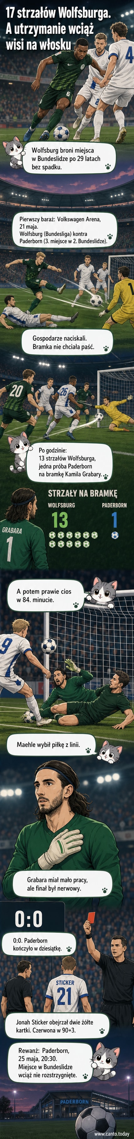 Piłkarski mecz w nocy na stadionie, zawodnicy Wolfsburga w niebieskich koszulkach kontra Paderborn w zielonych, sędzia w centrum, bramkarz Kamil Grabara w tle.