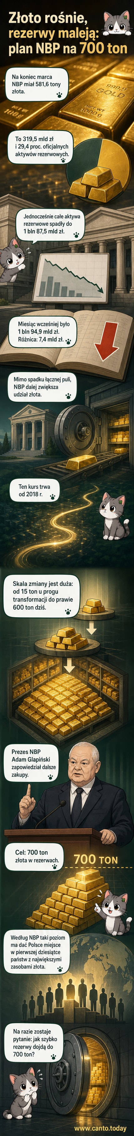 Ilustracja przedstawiająca złotą monetę z godłem Polski, otoczoną przez symbole finansów i globus, z cieniem mapy Polski na tle tła.