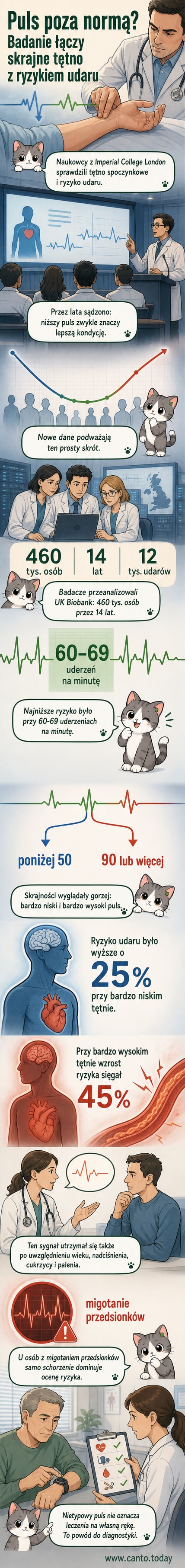 Ilustracja przedstawiająca serce z liczbą tętna na tle mózgu, z zaznaczonym optymalnym zakresem 60–69 uderzeń na minutę.