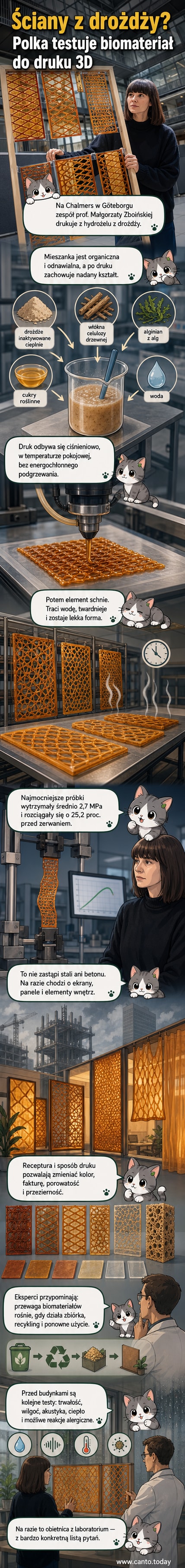 Wizualizacja druku 3D ściany z miękkiego, żelowego biomateriału na tle laboratorium; materiał składa się z drożdży, celulozy i alg.