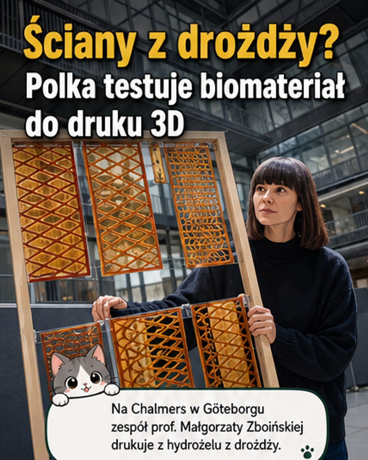 Wizualizacja druku 3D ściany z miękkiego, żelowego biomateriału na tle laboratorium; materiał składa się z drożdży, celulozy i alg.