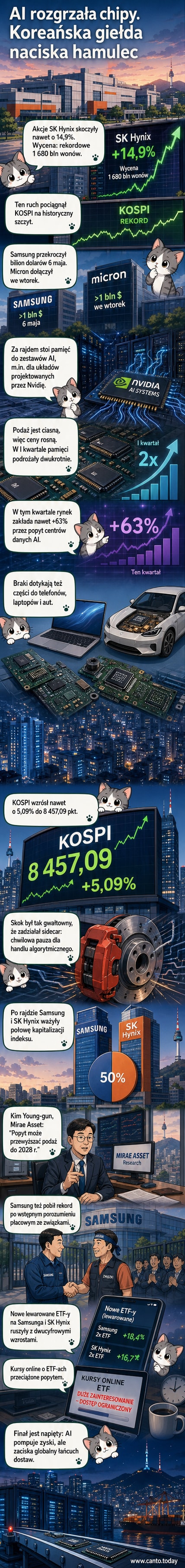 Wykres wzrostu kapitalizacji SK Hynix i Samsunga na tle układów pamięci AI, z ikonami serwerów i neuronowych sieci