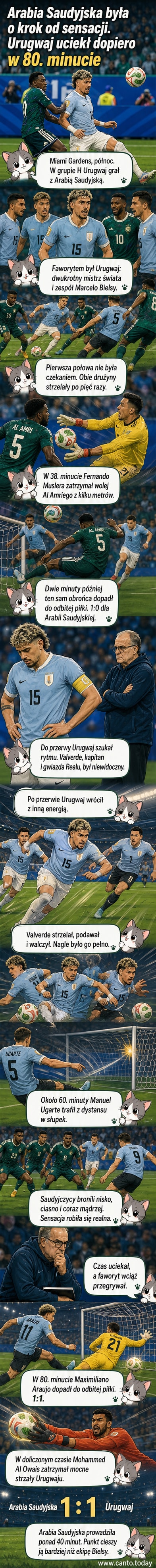 Piłkarze Arabii Saudyjskiej świętują gola na 1:0 z Urugwajem na tle stadionu na Florydzie, podczas mundialu 2026.