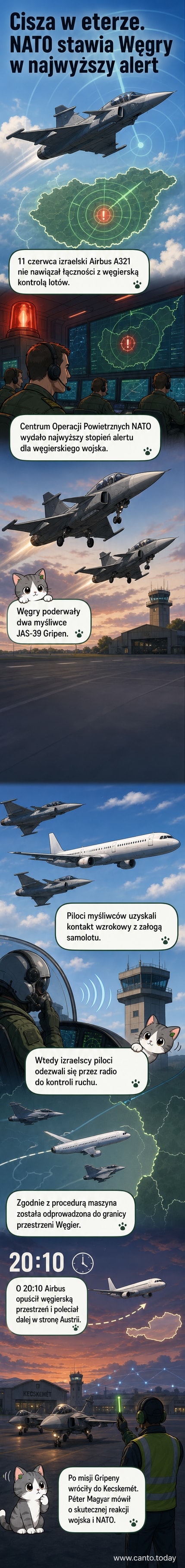 Ilustracja dwóch węgierskich myśliwców Gripen eskortujących pasażerski Airbus A321 nad dorzeczem Dunajcu, tło z zachodem słońca i konturami mapy Węgier.