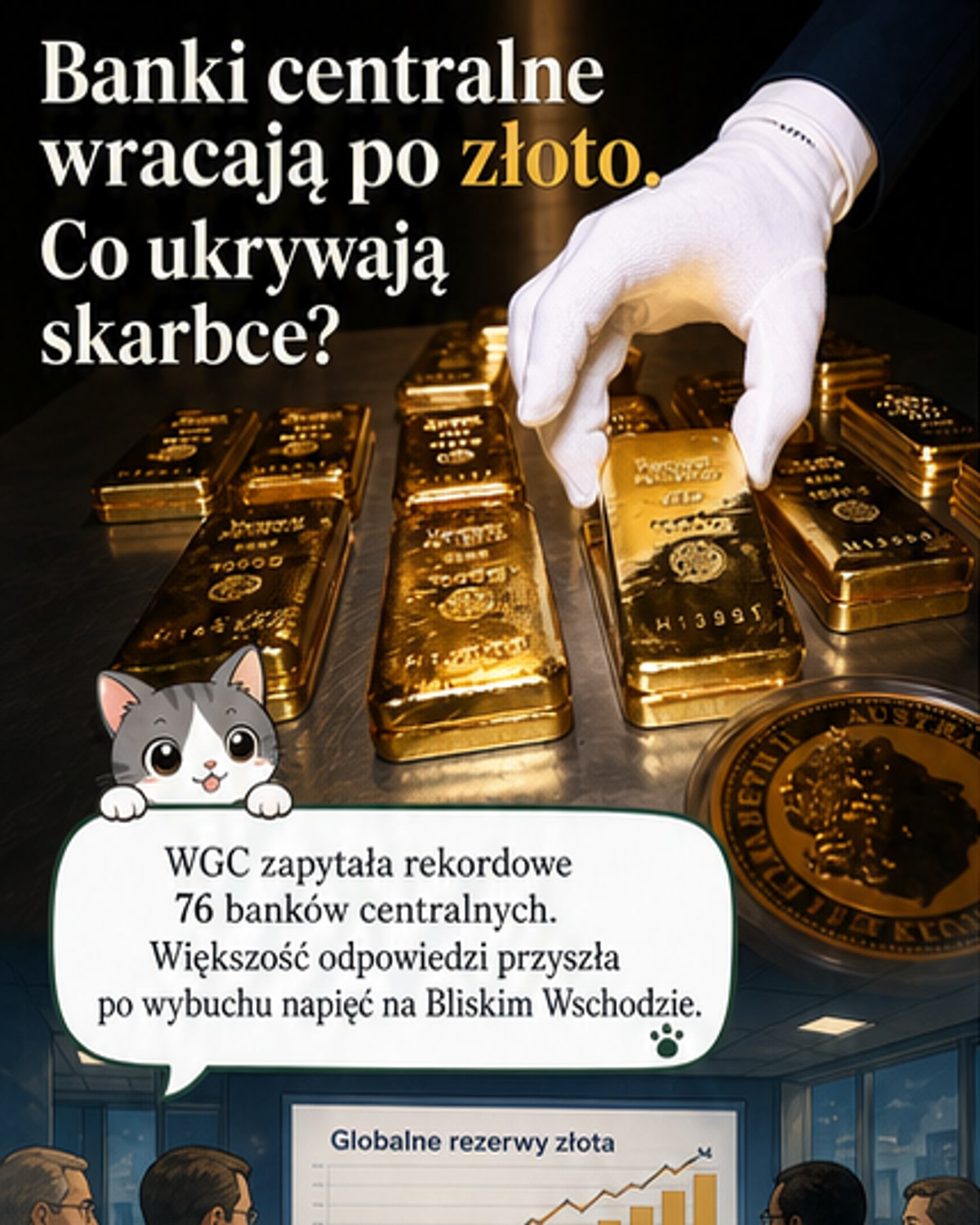 Ilustracja przedstawiająca złotą sztabę z otoczonymi przez banki centralne flagami, na tle mapy świata z zaznaczonymi głównymi lokalizacjami przechowywania złota: Londyn, Zurych, Nowy Jork, Paryż.