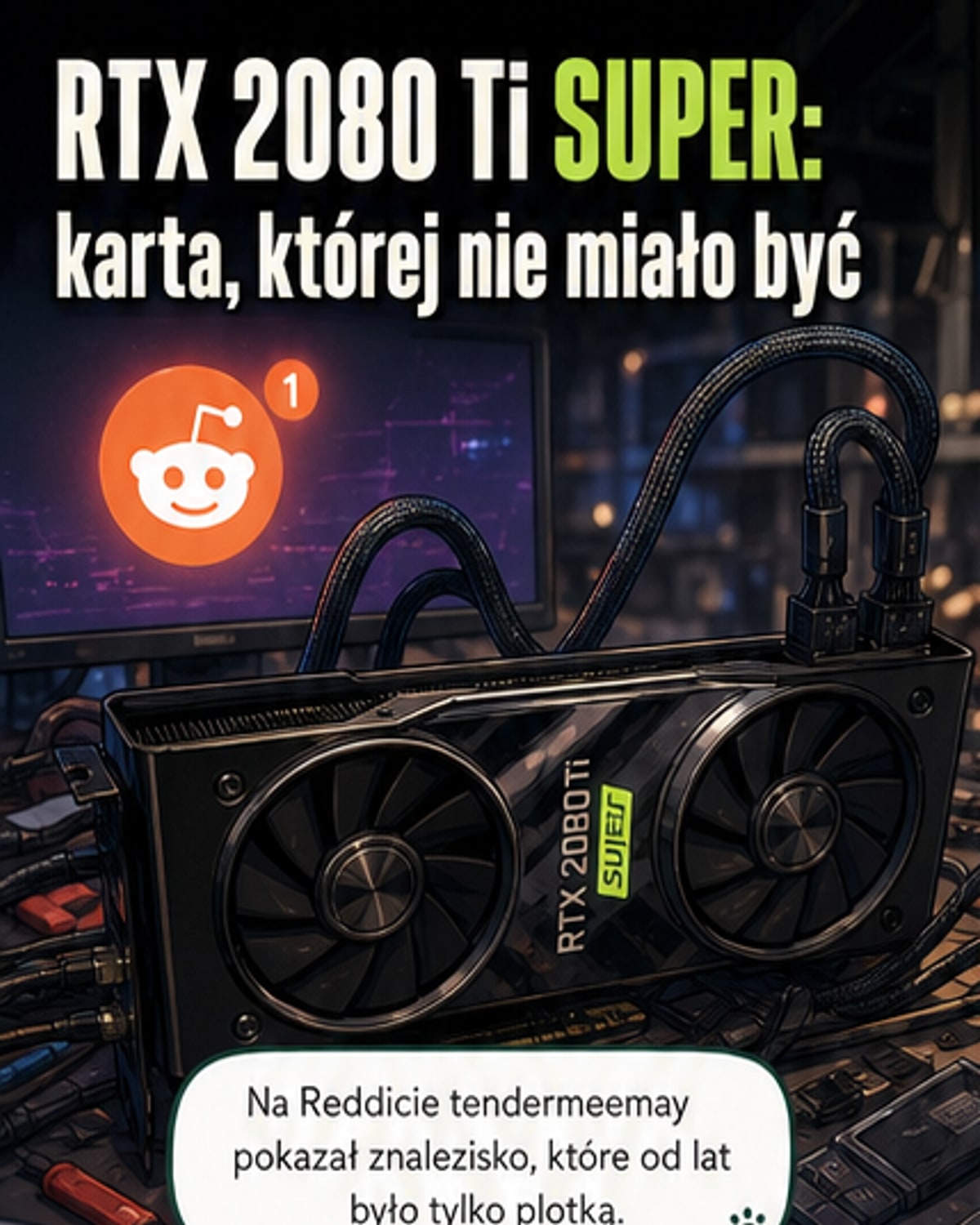 Zdjęcie karty graficznej NVIDIA GeForce RTX 2080 Ti SUPER z czerwonym radiatorem i logo GeForce w tle