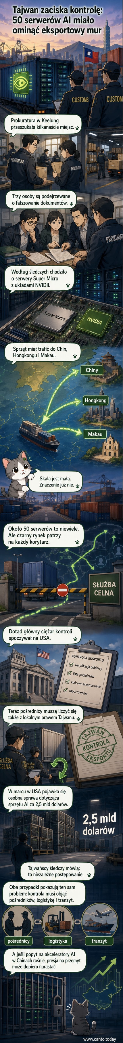 Ilustracja przedstawiająca tajwańską flagę, serwery AI i blokowany kontener z napisem 'Zakaz eksportu', tło mapy Azji Wschodniej