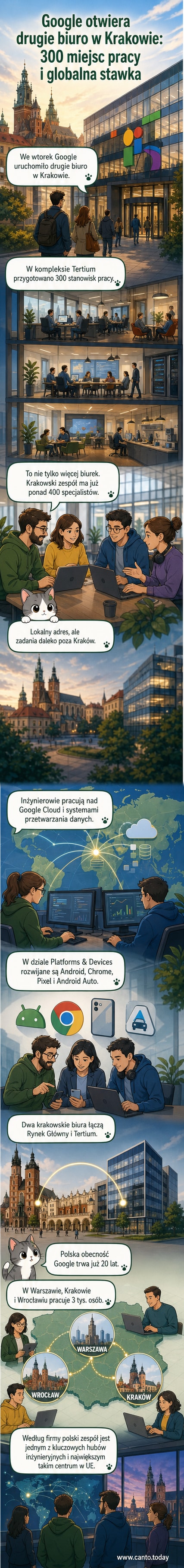 Nowe biuro Google w kompleksie Tertium w Krakowie, cztery piętra z nowoczesnymi przestrzeniami pracy, laboratoriami i strefami wspólnymi.