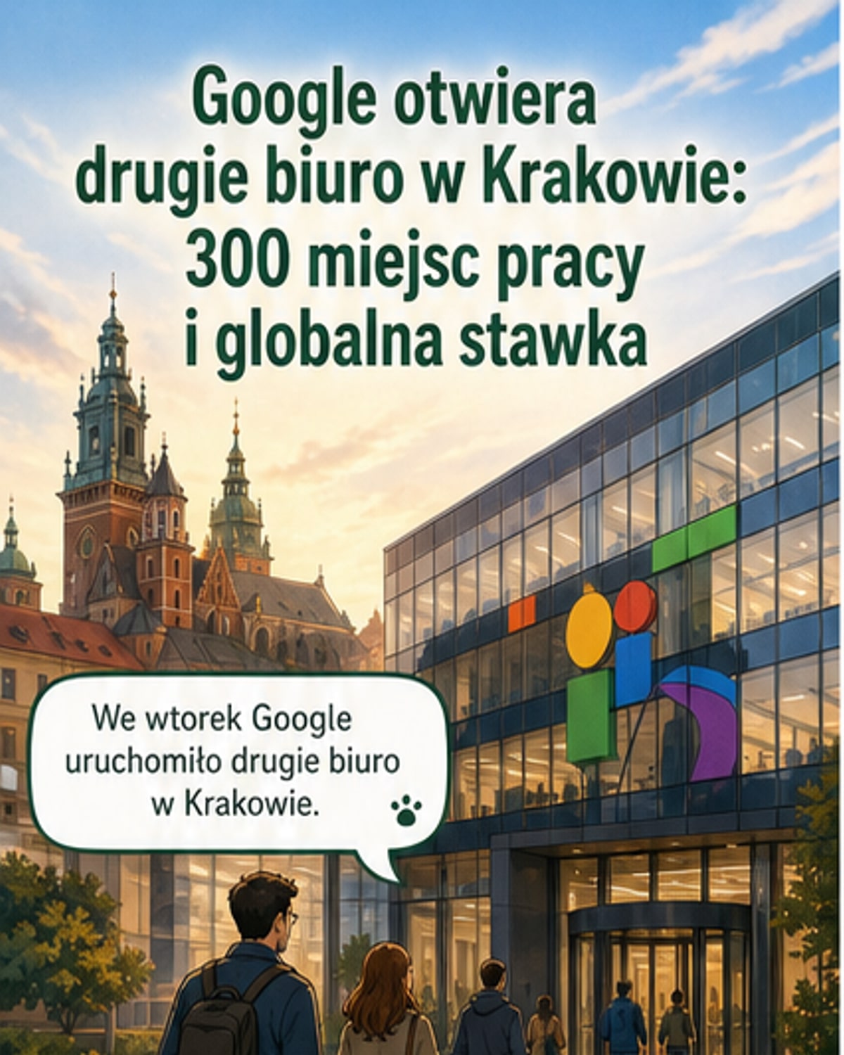 Nowe biuro Google w kompleksie Tertium w Krakowie, cztery piętra z nowoczesnymi przestrzeniami pracy, laboratoriami i strefami wspólnymi.