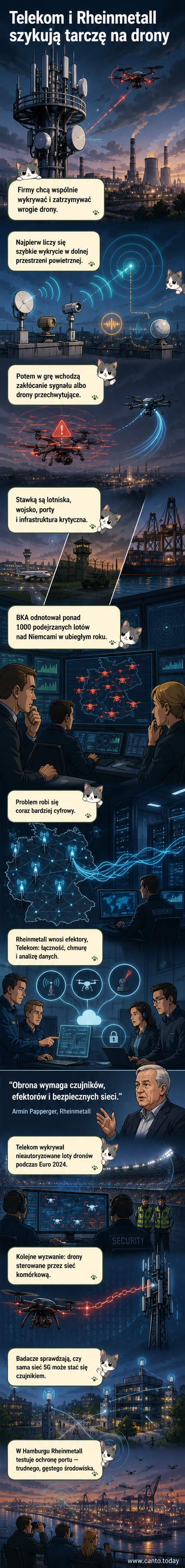 Ilustracja przedstawia hybrydowy system obronny: drony wykrywane przez czujniki na masztach, blokowane przez sygnały zagłuszające i promienie laserowe, z tłem portu i elektrowni.