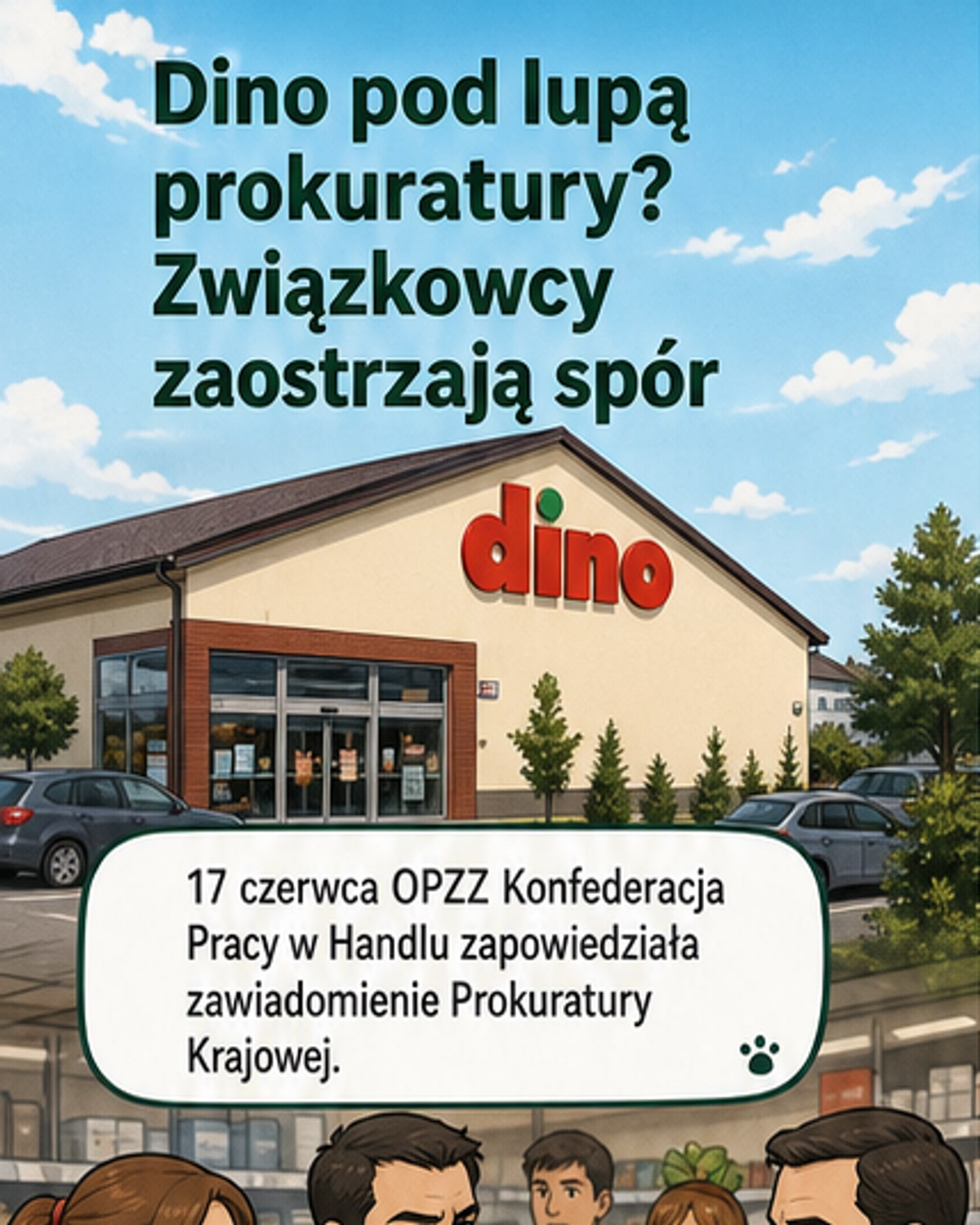Ilustracja przedstawiająca pracownika w czerwonym uniformie Dino stojącego przed budynkiem prokuratury z teczką w ręku, w tle sylwetki demonstrantów z transparentami