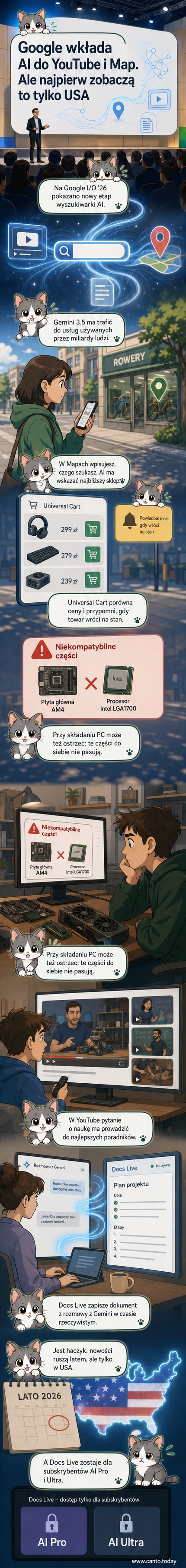 Ilustracja przedstawiająca interfejs Google Maps i YouTube z nakładkami AI, wskazującymi na nowe funkcje promptowania i porównywania cen produktów.