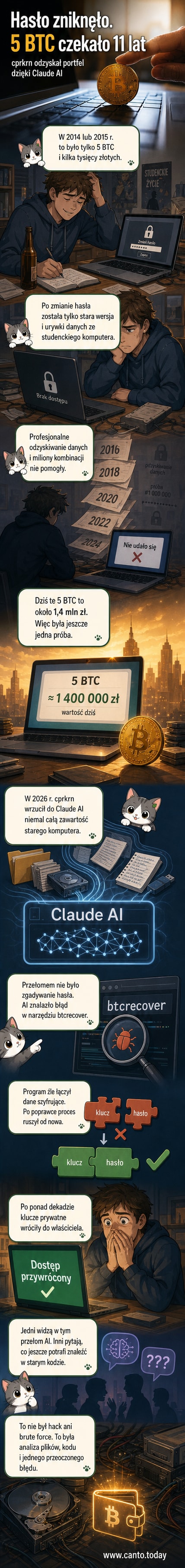 Ilustracja przedstawiająca stary komputer z plikami, nad którym pracuje AI, a w tle świeci symbol bitcoinu.