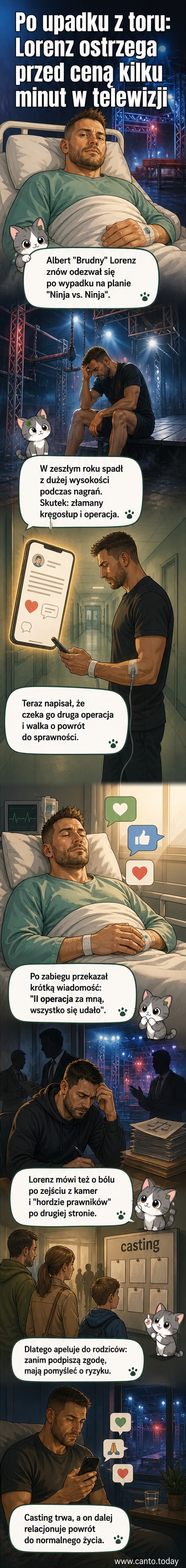 Albert Lorenz w szpitalnym łóżku, z opatrzoną szyją, trzyma telefon z widocznym postem na Instagramie