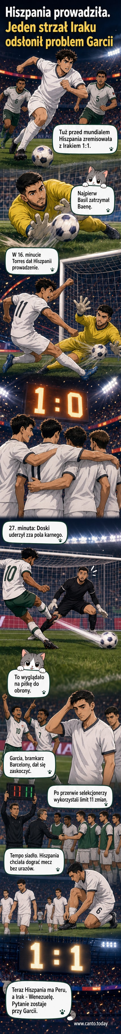 Ilustracja meczu piłkarskiego reprezentacji Hiszpanii kontra Irak, z akcją bramkową i błędem bramkarza Barcelony Joana Garciá.