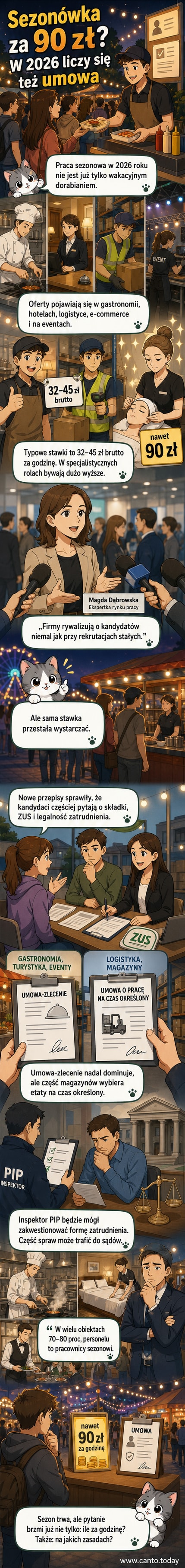 Ilustracja przedstawiająca różnorodne miejsca pracy sezonowej w Polsce: pracownik food trucka, barista, ratownik, magazynier i masażystka – z widocznymi stawkami godzinowymi sięgającymi 90 zł.