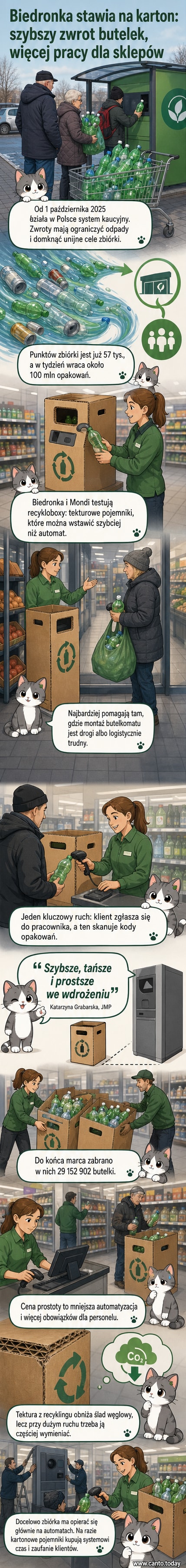Tekturowy pojemnik z logo Biedronki i otworem na butelki, stojący w sklepie obok koszyka na zakupy