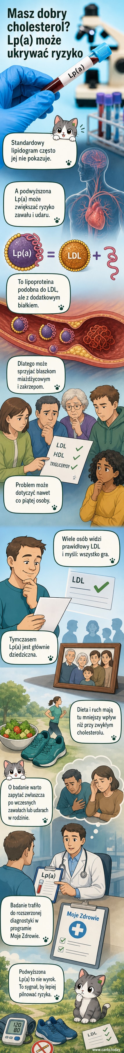 Ilustracja przedstawiająca mikroskopijny fragment krwi z zaznaczoną lipoproteiną(a), obok standardowego lipidogramu z pominiętym Lp(a), z napisem 'ukryty cholesterol'.