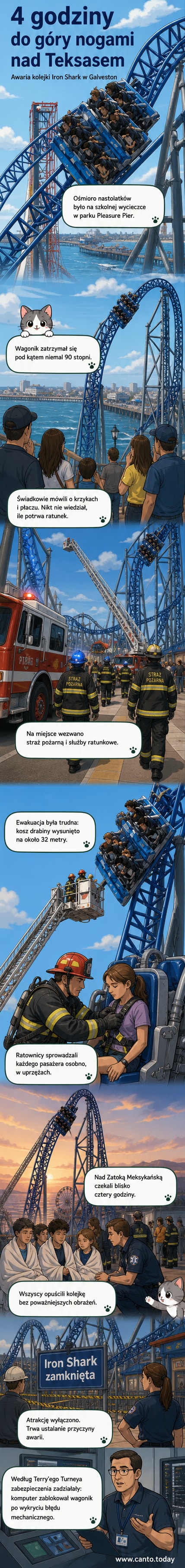 Ilustracja przedstawiająca wagonik kolejki górskiej zatrzymany pionowo, z ośmioro nastolatków wisiących głową w dół na tle Zatoki Meksykańskiej, w dole straż pożarna podnosi wysięgnik