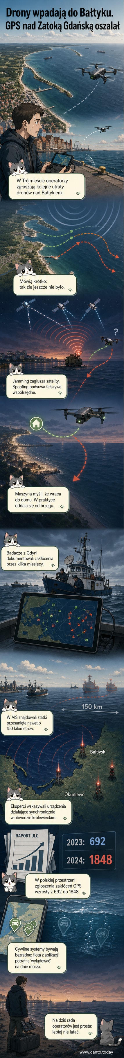 Ilustracja przedstawia drona spadającego do Bałtyku na tle mapy z zaznaczonymi zakłóceniami GPS w rejonie Trójmiasta i obwodu królewieckiego.