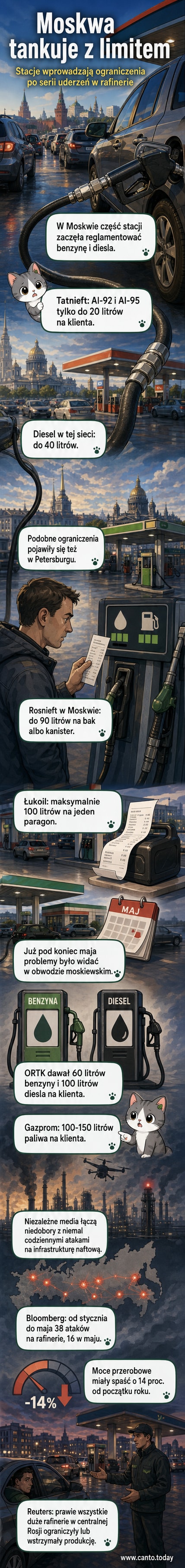 Stacja paliw w Moskwie z tablicą informującą o ograniczeniu sprzedaży benzyny do 20 litrów na klienta