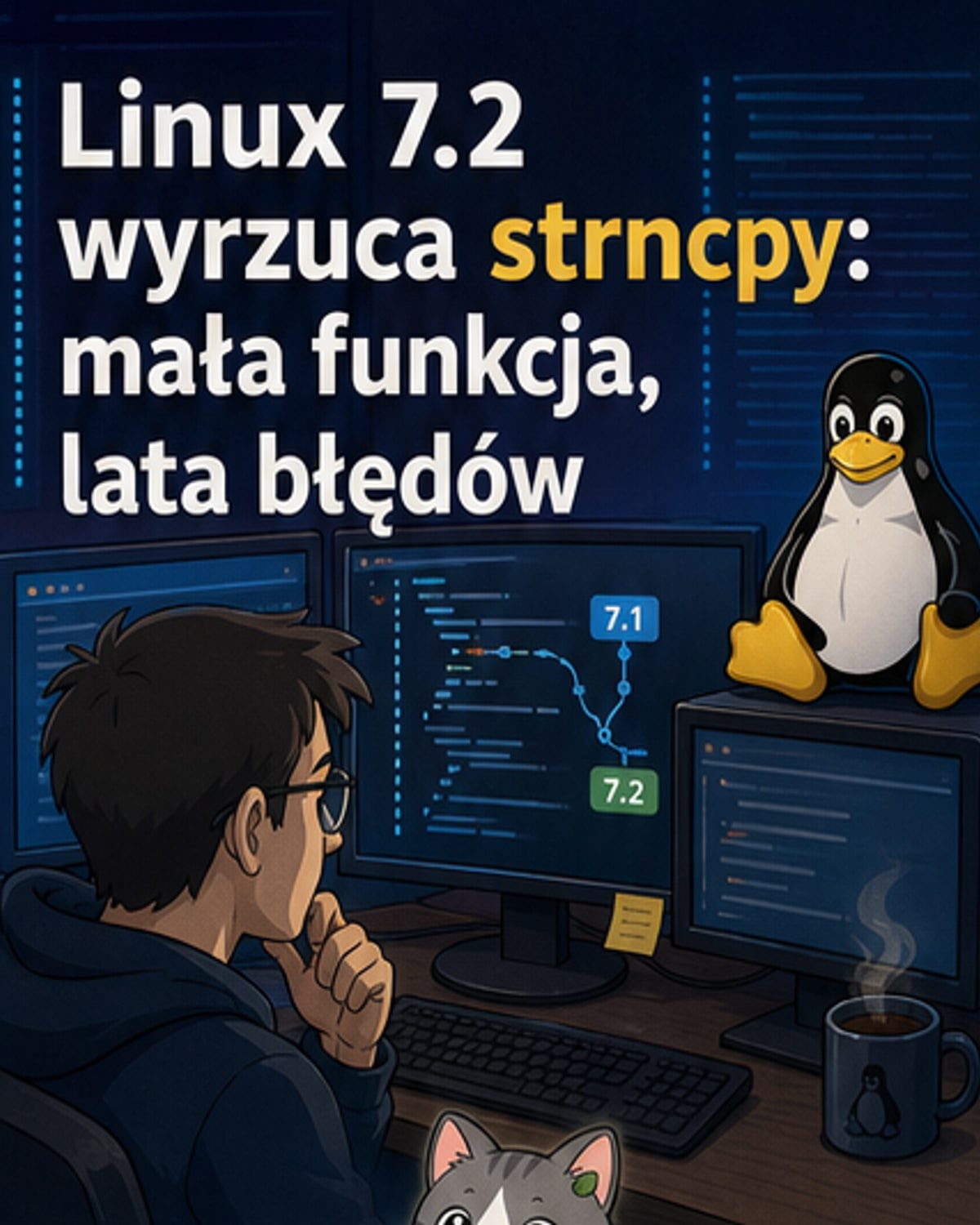 Ilustracja przedstawiająca przestarzałą funkcję strncpy jako złamany element w architekturze jądra Linux, z symbolem X nad nią.