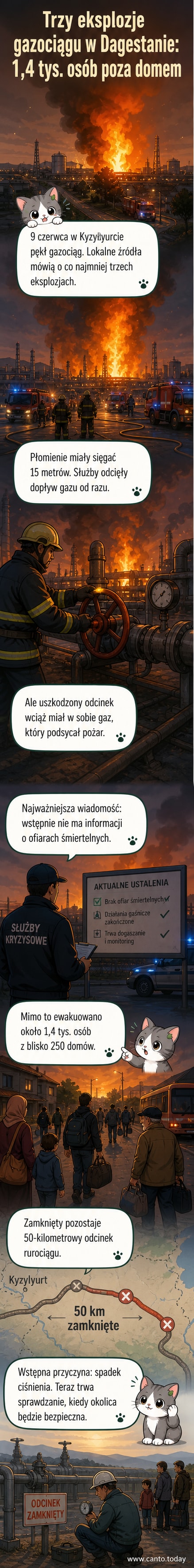 Ilustracja przedstawia miejsce eksplozji gazociągu w Dagestanie, z wysokimi płomieniami buchającymi z rurociągu, otoczonym przez służbę ratunkową i ewakuowane osoby w tle.