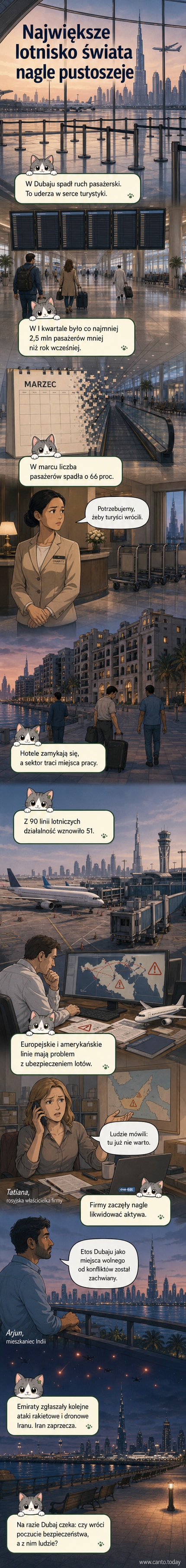 Puste pasy startowe i hali portu lotniczego w Dubaju, z widocznym opustoszałym międzynarodowym lotniskiem i zamkniętym hotelem w tle.