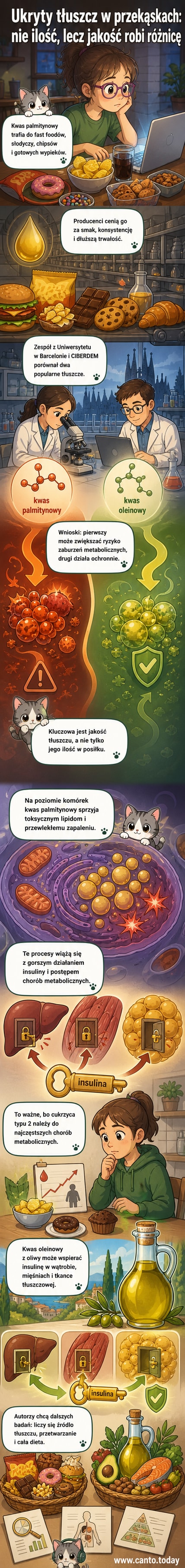 Ilustracja przedstawiająca komórkę z zaznaczonymi mitochondriami i siateczką śródplazmatyczną, przy której gromadzą się szkodliwe lipidy po spożyciu kwasu palmitynowego, kontrastując z komórką chronioną przez kwas oleinowy.