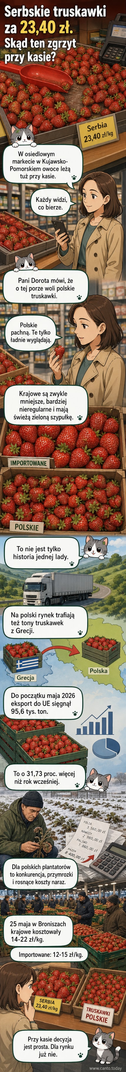 Stos truskawek w plastikowej torebce na ladzie sklepowej z kartką informującą o pochodzeniu z Serbii.