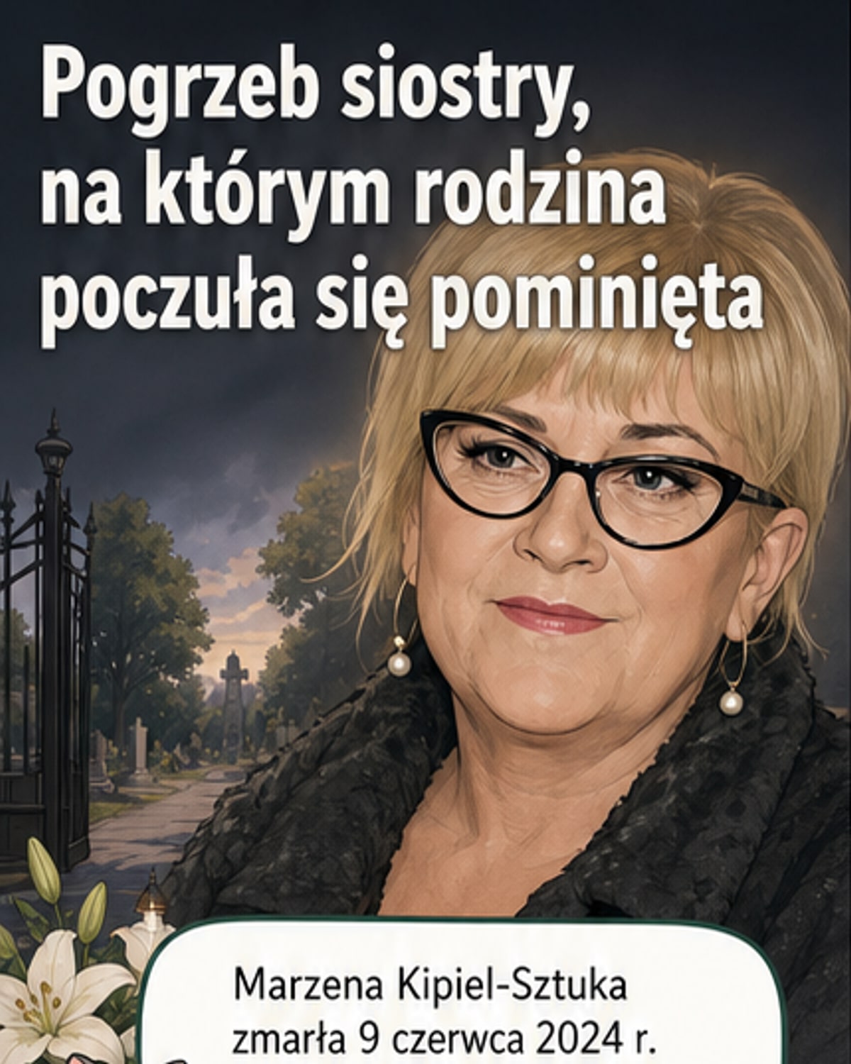 Portret Marzeny Kipiel-Sztuki z serialu 'Świat według Kiepskich', tło żałobne