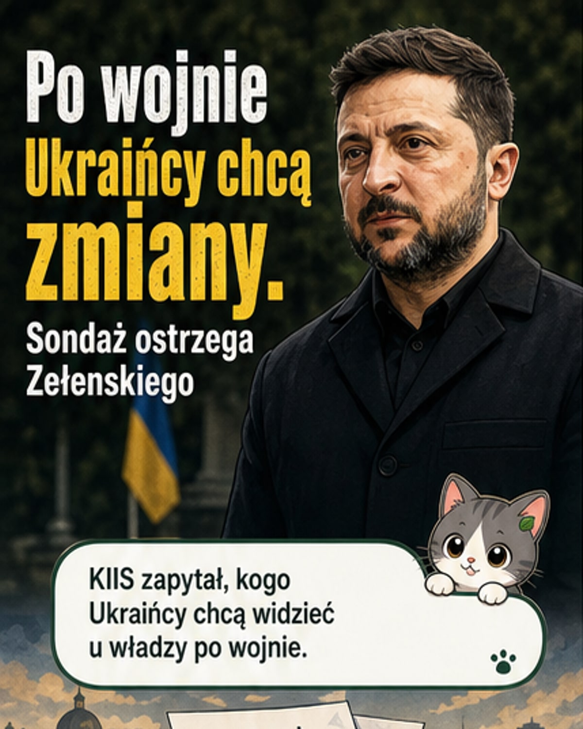 Ilustracja przedstawiająca sondę z Ukrainy: mapa kraju z wykresami i twarzą Wołodymyra Zełenskiego z cieniem pytającego spojrzenia, tło wojennych symboli i odbudowy.