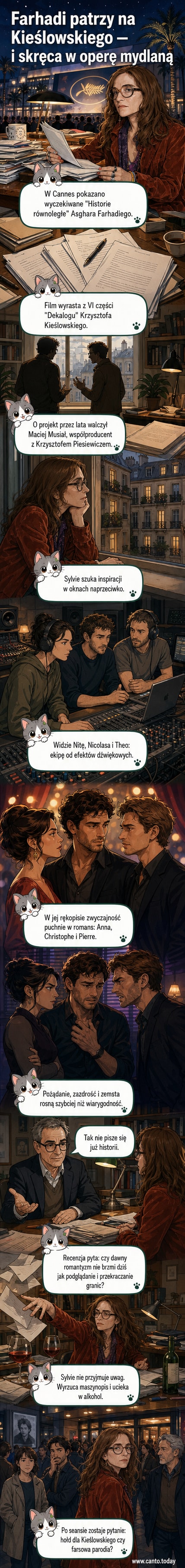 Plakat filmowy 'Historie równoległe' z dominującym obrazem Isabelle Huppert wpatrzonej przez okno, tło miasta w ulewie deszczu, klimat melancholii i napięcia