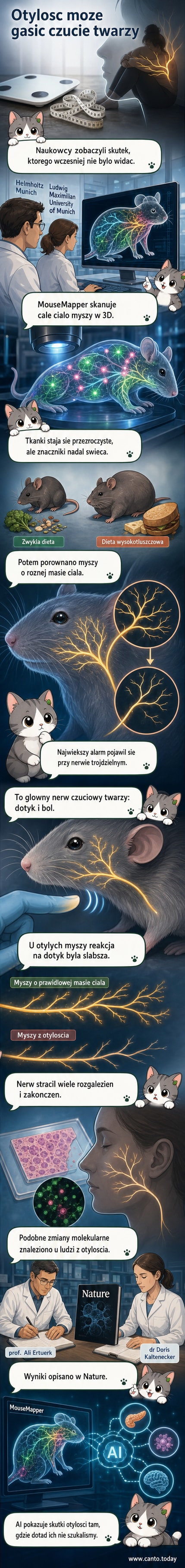 Ilustracja nerwu trójdzielnego na twarzy myszy i człowieka, z oznaczeniem uszkodzonych rozgałęzień u osobników otyłych.