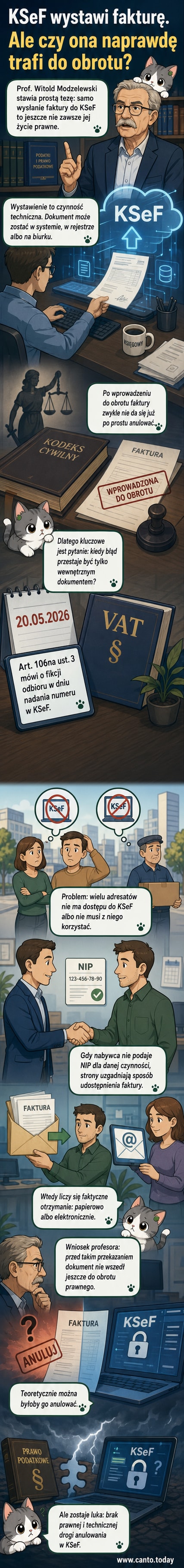 Ilustracja przedstawia dwie faktury: jedną w systemie KSeF z zaznaczonym numerem identyfikacyjnym, a drugą przekazywaną fizycznie do ręki nabywcy. Na środku znak zapytania i zegar, symbolizujące opóźnienie w wejściu dokumentu do obrotu prawnego.