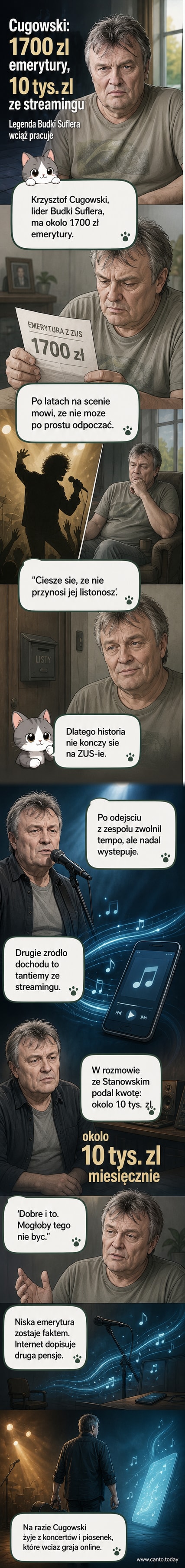 Krzysztof Cugowski na scenie, z mikrofonem w ręce, w tle logotyp Budki Suflera i napisy o jego dochodach z emerytury i streamingu.