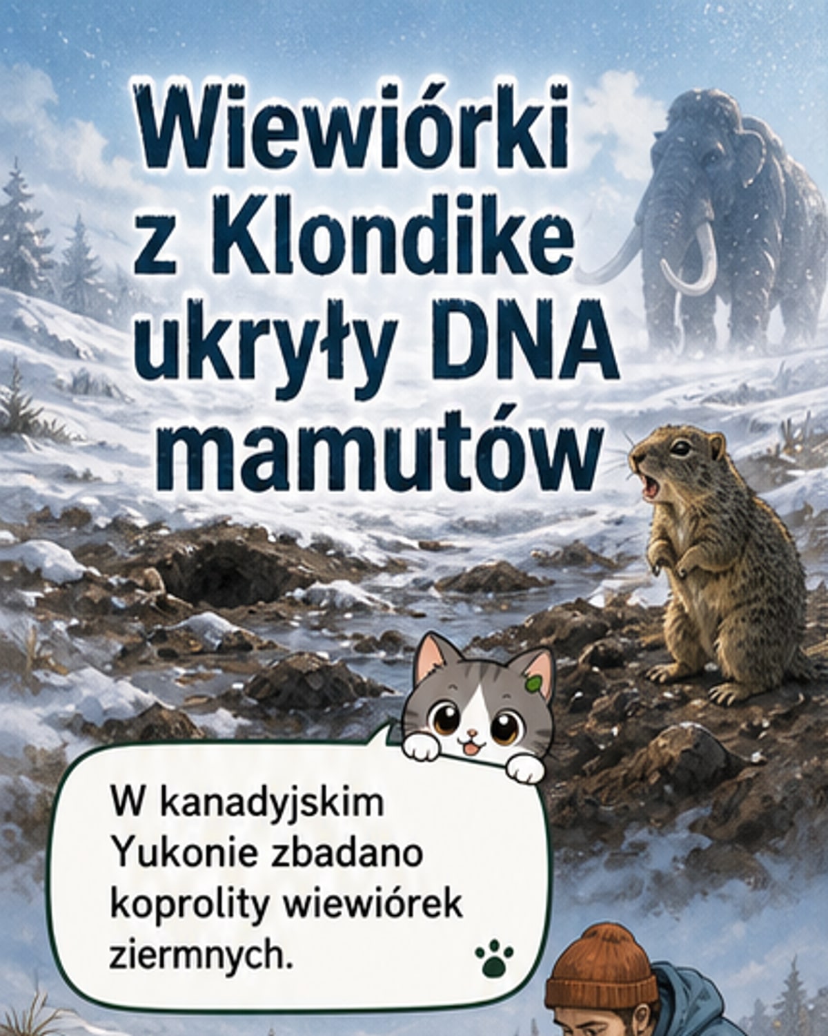 Ilustracja prehistorycznej wiewiórki ziemnej wyłaniającej się z nory w tundrze, obok skamieniałych resztek mamuta – styl komiksowego newsa naukowego