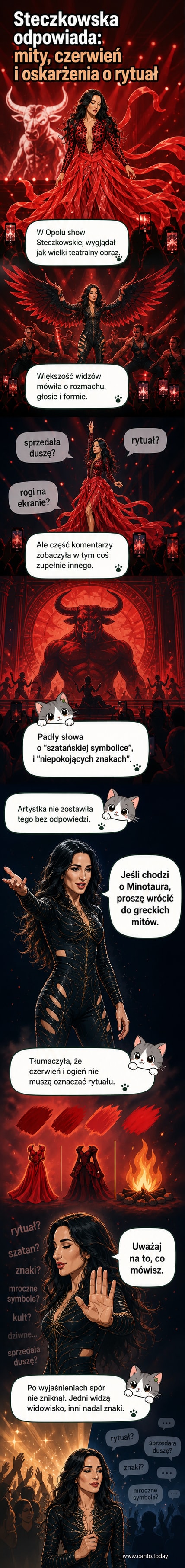 Justyna Steczkowska na scenie w czerwonym połyskującym kostiumie, uniesiona nad publicznością, z rozwiniętą czerwoną spódnicą; w tle migoczące ekrany z wizualami, w tym postać z rogami.