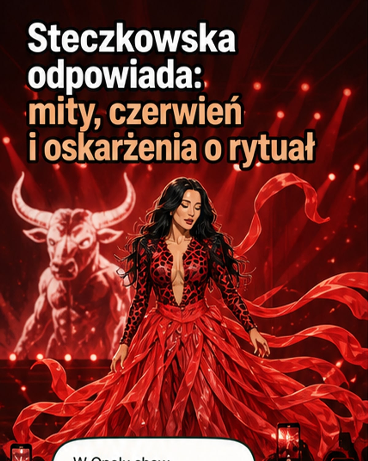 Justyna Steczkowska na scenie w czerwonym połyskującym kostiumie, uniesiona nad publicznością, z rozwiniętą czerwoną spódnicą; w tle migoczące ekrany z wizualami, w tym postać z rogami.