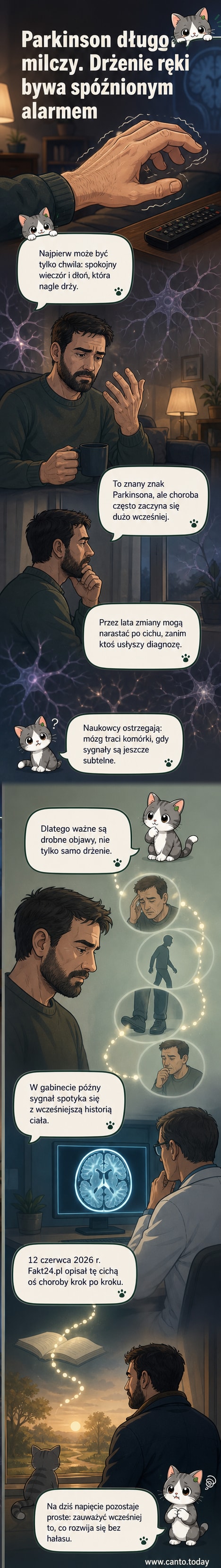 Ilustracja przedstawiająca postęp choroby Parkinsona: od zdrowego mózgu, przez stopniową utratę komórek wytwarzających dopaminę, po zaawansowane objawy ruchowe i poznawcze.