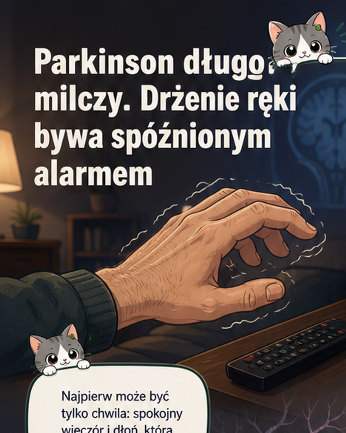 Ilustracja przedstawiająca postęp choroby Parkinsona: od zdrowego mózgu, przez stopniową utratę komórek wytwarzających dopaminę, po zaawansowane objawy ruchowe i poznawcze.