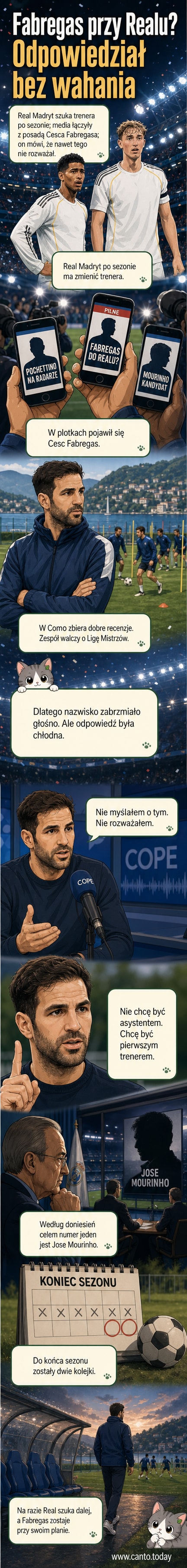 Cesc Fabregas w dresie Coma stoi przy bocznej linii, patrząc na boisko, z logiem Realu Madryt w tle jako symbol spekulacji mediów.