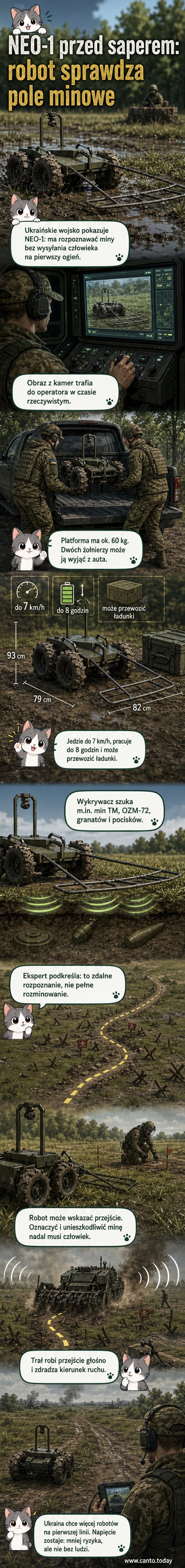 Ukraiński robot saperski NEO-1 na trawiastym terenie, z widoczną kamerą i wykrywaczem metali, gotowy do pracy na polu minowym